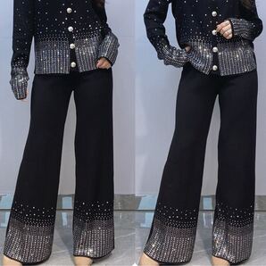 ガウチョパンツ キラキララインストーン付き ワイドニットパンツ ブラック 大きいサイズ