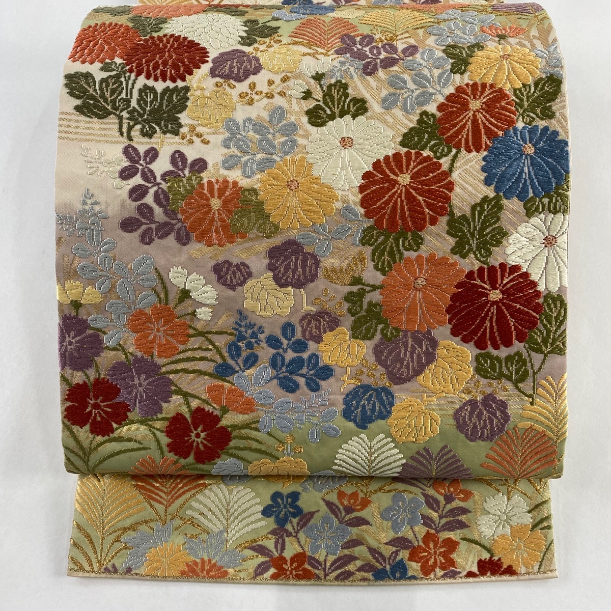 袋帯 美品 秀品 関西仕立て 秋草 霞 唐織 箔 ベージュ 六通 正絹 【中古】