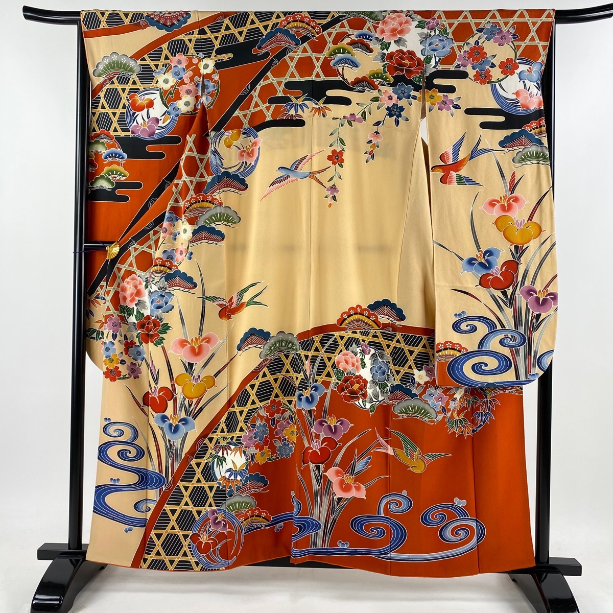 振袖 身丈159cm 裄丈65.5cm M 袷 菖蒲 花丸文 縮緬 朱色 正絹 美品 逸品 【中古】