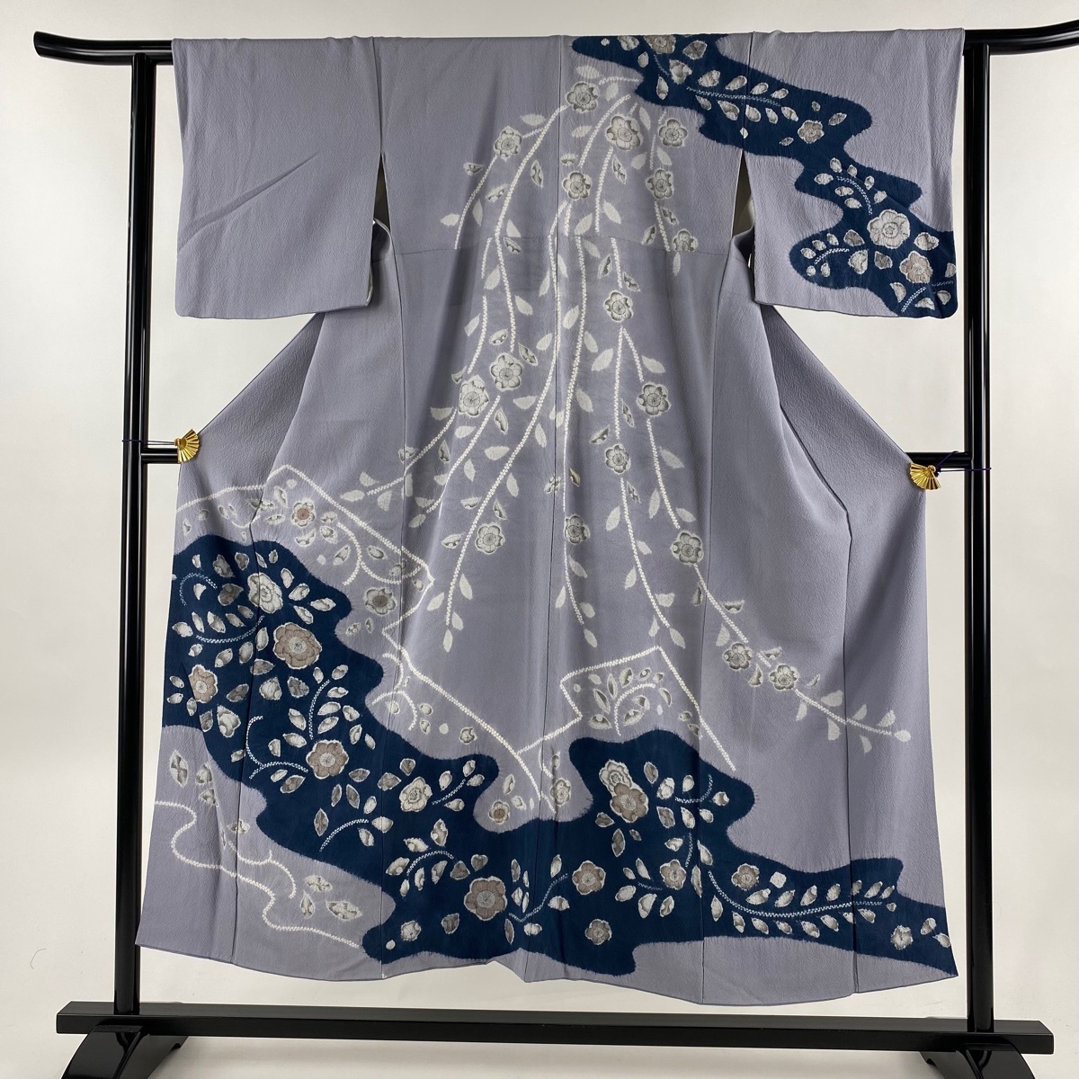 訪問着 身丈150cm 裄丈62cm S 袷 辻が花柄 霞 絞り 灰紫 正絹 名品 【中古】