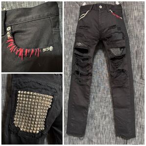 ZAC VARGAS スタッズ レザーリペアダメージ加工 ブラックデニム 27