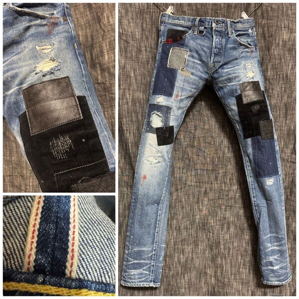 OVERDESIGN ストレッチセルビッチ レザーリペアダメージ加工 デニム