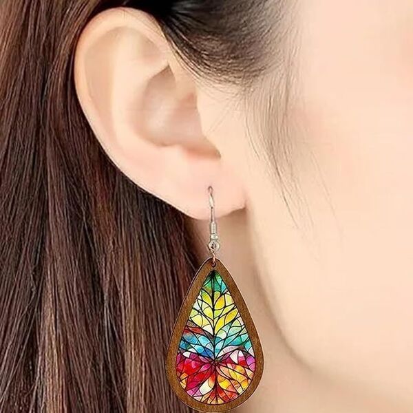 【再販】ピアス ステンドグラス 木 ドロップ エスニック ボヘミアン パーティー