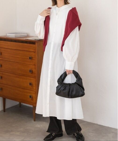 新品 ad thie バルーンスリーブバンドカラーシャツワンピース 無地 長袖