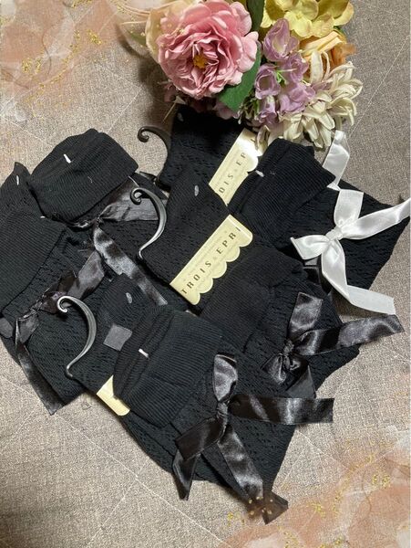 ニーハイソックス リボン 22〜25cm 靴下 5足セット ブラック 黒 白 ホワイト セクシー 可愛い