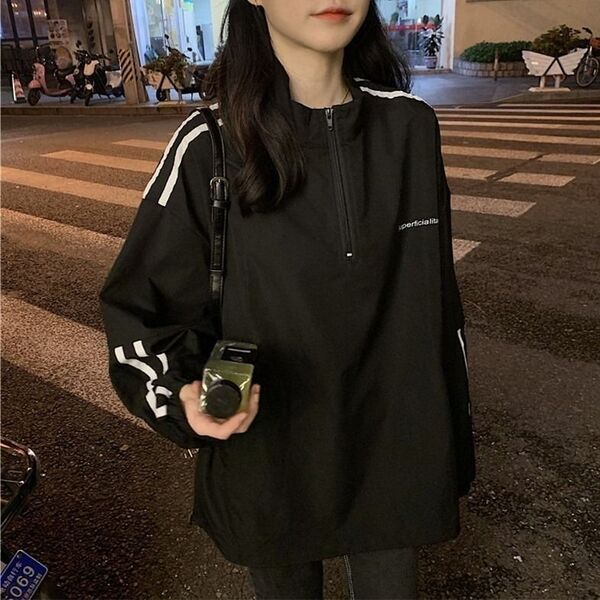 トップス スウェット ロンT 長袖 オーバーサイズ サイドライン ブラック XL