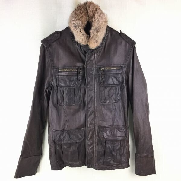 TETE HOMME テットオム 山羊革 ライダースジャケット 革ジャン サイズ M ラビットファー 管NO.メぴ13-12