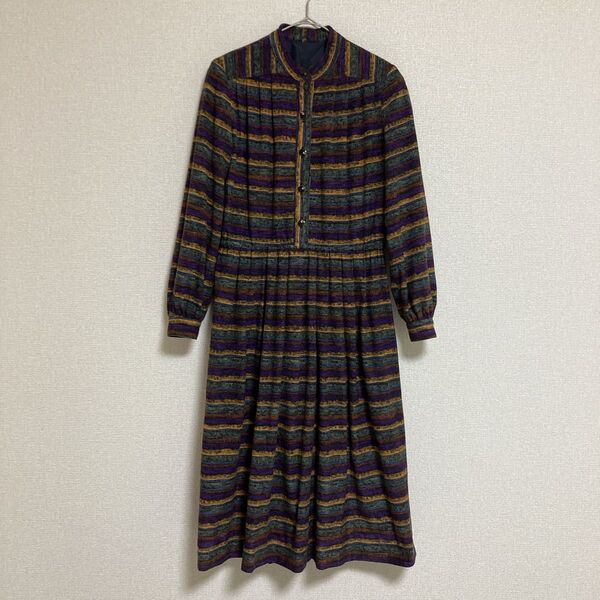レディース ロングワンピース 長袖 フレアワンピ ボーダー柄 バンドカラー M ヴィンテージ 総柄