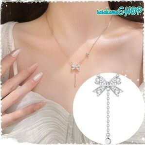 W リボン ネックレス cz アクセサリー レディース 可愛い プレゼント