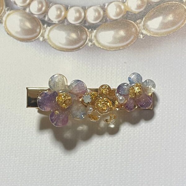ヘアクリップ フラワー purple×blue ハンドメイド レジン ヘアアクセサリー