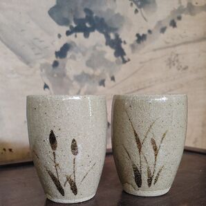 絵唐津 お茶の水窯 五代建延 湯飲み未使用 二つセット 骨董品