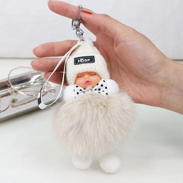 キツネ毛皮 ポンポン 睡眠 赤ちゃん キーホルダー
