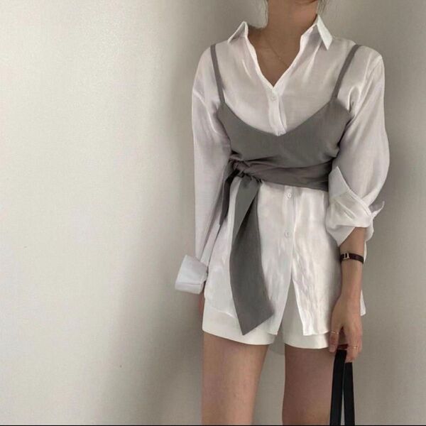 セットアップ シャツ付きビスチェ シアーシャツ 大人可愛い シャツワンピース