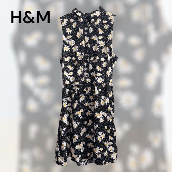 H&M 花柄 ノースリーブ ひざ丈ワンピース 背中開き サマーワンピ ドット