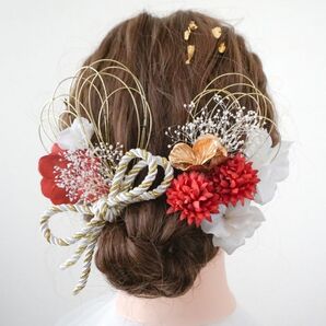 《翌日発送》髪飾り 成人式 卒業式 七五三 ヘッドドレス 和装 振袖 袴 金箔 水引 ゴールド リボン 花 ボブ 赤 レッド 白