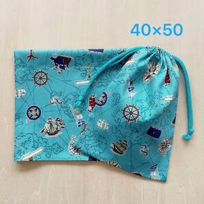 40×50 給食セット 巾着&ランチョンマット トレジャーハント*ウォーターグリーン*両紐