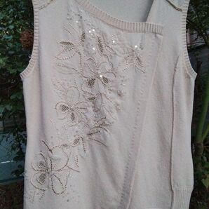 Saint Joie size40 優しいベージュ花刺繍スパン.ビーズ柔らかトップス 他 夏のスカートと合わせた例 軽い薔薇模様