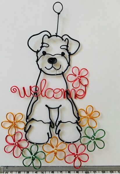 ワイヤークラフト welcome お花 シュナウザー ワイヤーアート