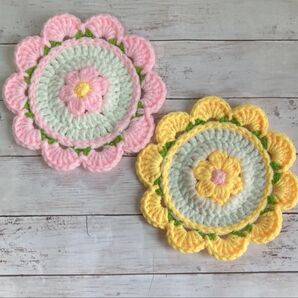 2枚セット♪春色お花コースター ハンドメイドかぎ針編み
