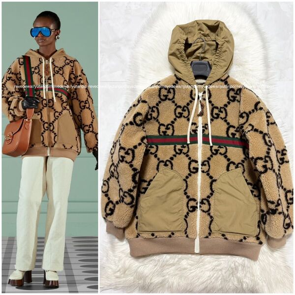 本物 カタログ掲載 極美品 グッチ マキシGGパターン シェリーライン ブルゾン ボンバー ジャケット S ベージュ GUCCI