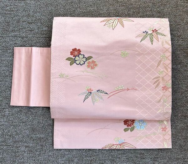 名古屋帯 正絹 九寸 桜 笹 松葉 柳 格子 紗綾形 ピンク 紫 赤 緑 絞 金 水色 アンティーク リメイク レトロ 小紋 単衣