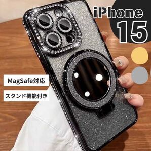 iPhone15 ケース ミラー付 スタンド付 キラキラ レンズ保護 ブラック