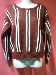 保管品・タグ付き ストライプ柄 セーター サイズＭ ブラウン/白系