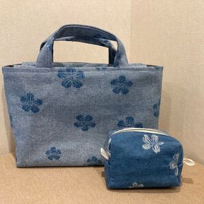 【一点物】デニム花柄 ゴルフカートバッグ ポーチ セット