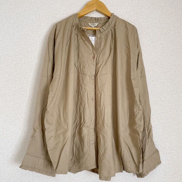 大きいサイズ新品 フリルネック、ゆったりシャツ ブラウス チュニック丈 3L
