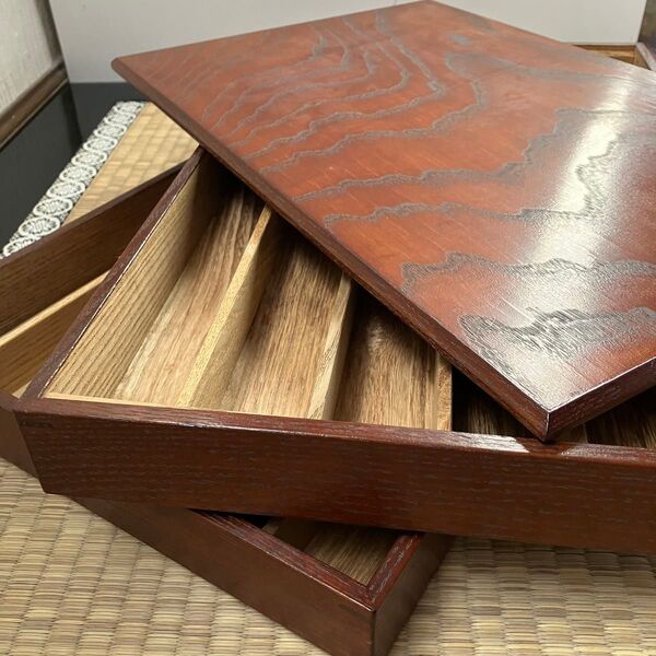 江戸指物 池ノ端京屋 蓋付き2段和装小物収納箱 欅小物入れ 木製小物入れ