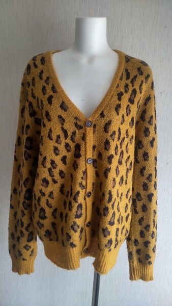 SHIPSシップス ヒョウ柄マスタードカーディガン モヘア サイズL