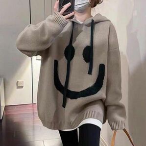 ニコちゃん スマイル ニット パーカー ベージュ×グリーン セーター