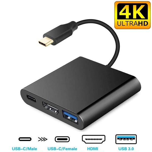 USB Type C to HDMI 3 in 1 ハブ 高速伝送 PD急速充電 USB3.0 4K 解像度 (黒色)