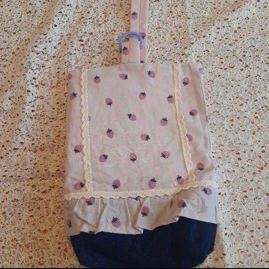 新品未使用 ハンドメイド シューズバッグ 上履き入れ いちご ピンク 靴袋 入園 入学 上履き袋 靴入れ デニム 手作り