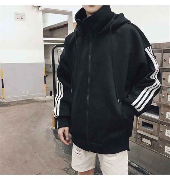パーカー ビッグシルエット 3ライン アウター ジップアップ フード メンズ レディース ユニセックス 黒 ブラック XL XXL
