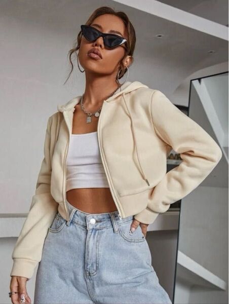 SHEIN MOOSTA ジップアップ ドローストリング クロップパーカー