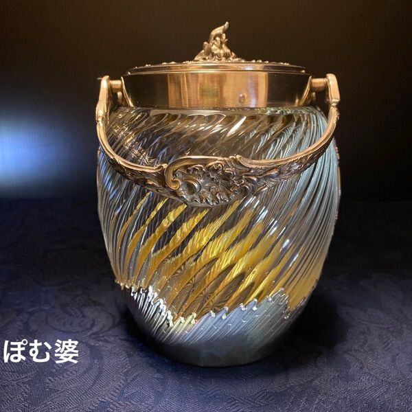 【フランス製】純銀+クリスタル/ビスケットジャー クッキージャー バレル/上下銀包み