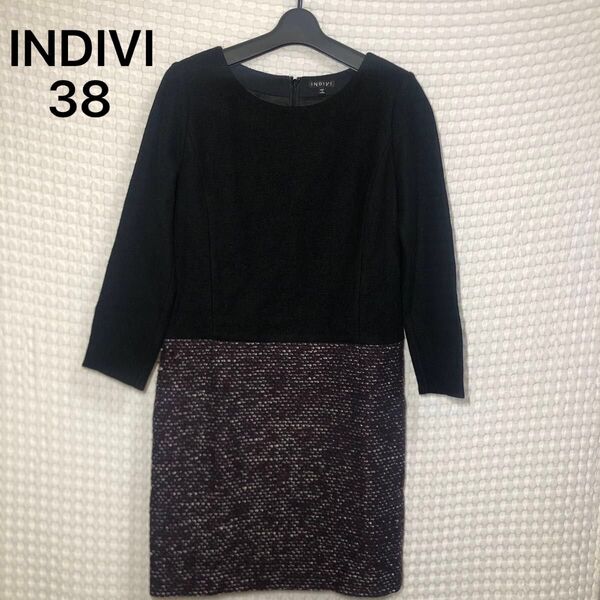 o371 INDIVI インディヴィ ワンピース レディース 古着 長袖 ひざ丈 ブラック 黒 38