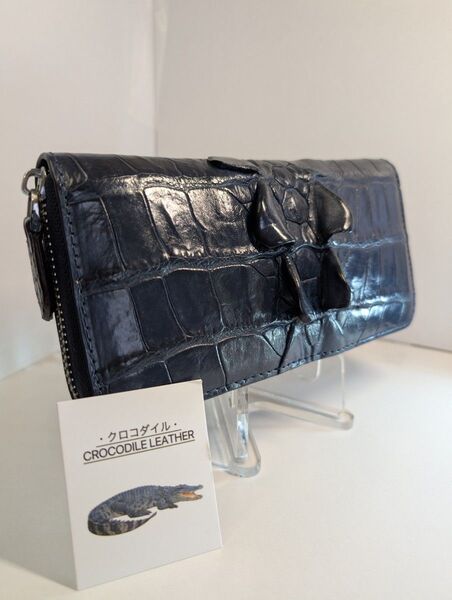クロコダイルレザー リボン付き長財布 ネイビー珍しい鰭が大きリアル 実物写真 一枚革 本ワニ革