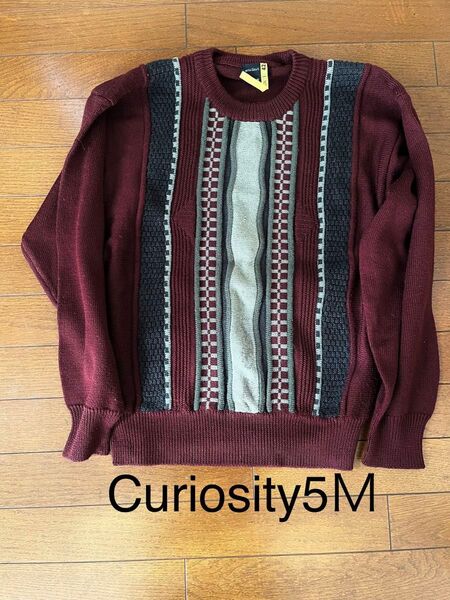 curiosity5 キュリオシティ5 セーターメンズ M ワインレッドグレイブラックなどストライプ クリーニング済 五百円値下げ