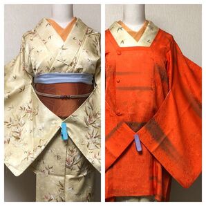 艶感のあるベージュ色 花柄 小紋 着物と道行コートの2セット 大人可愛い 着物まとめ売り 着物セット売りカジュアル着物