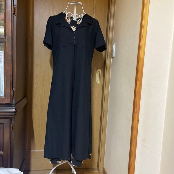 ハンドメイド セットアップ ワンピース 半袖 黒 花柄 ロング
