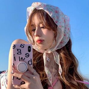 バブーシュカ バンダナ レース シアー ヘアアクセ ヘッドドレス 韓国 花柄 髪 ピンク おしゃれ 可愛い