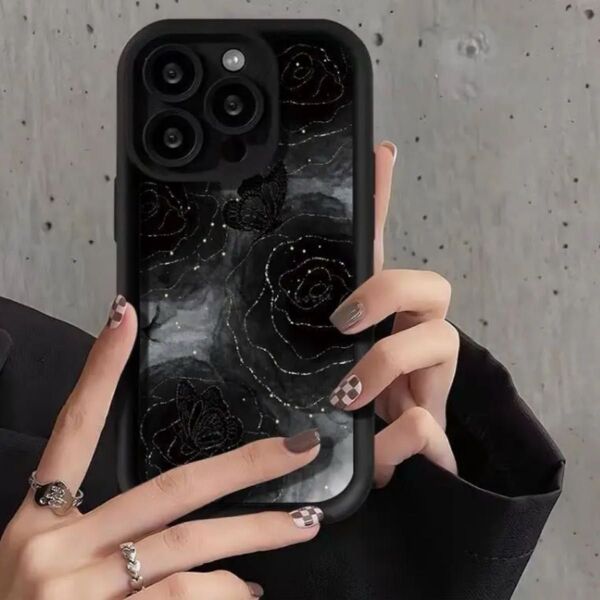 iphone14 スマホケース フラワー柄 大人可愛い おしゃれアイホンケース ブラック