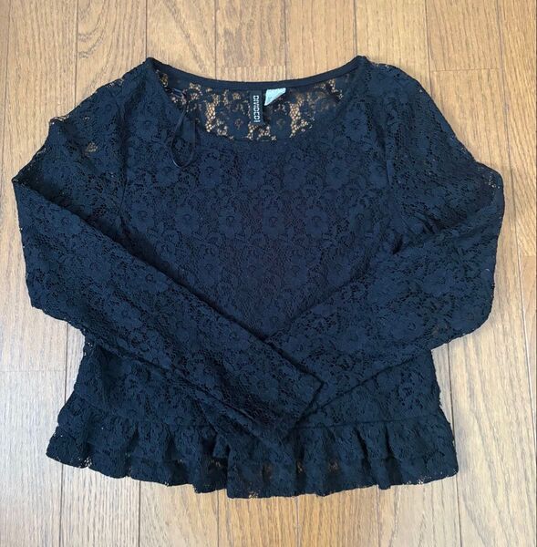 H&M 総レース トップス 長袖 ブラック