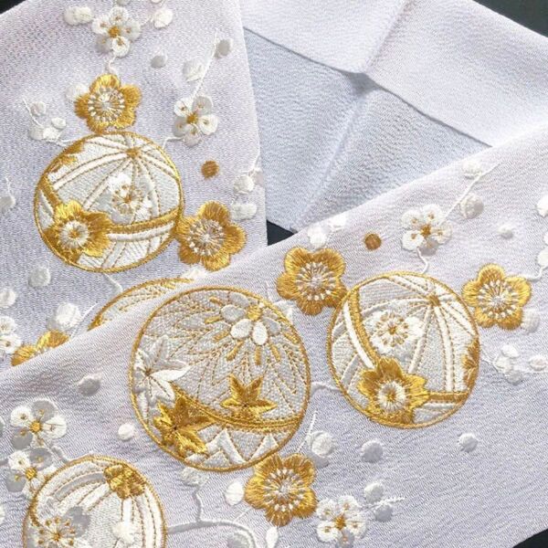 半襟 半衿 刺繍 豪華 白×金 鞠と梅 振袖 婚礼 袴※新品