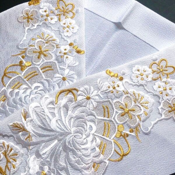 半襟 半衿 刺繍 豪華 白×金 振袖 婚礼 乱菊と扇 ※新品