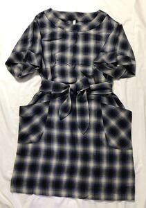 Untitled 4 short sleeves One-piece check black beige blue ribbon belt attaching 