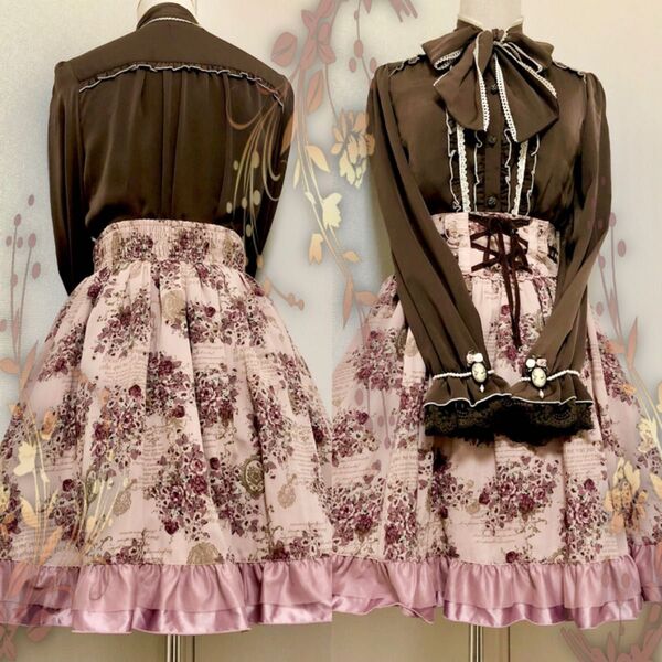 【2点セット】カメオ付きリボンタイブラウス、薔薇柄フレアスカート★axesfemme