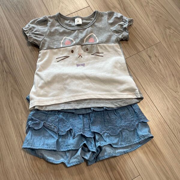 子ども服 90女の子 半袖 猫 ねこ Tシャツ ズボン 上下セット